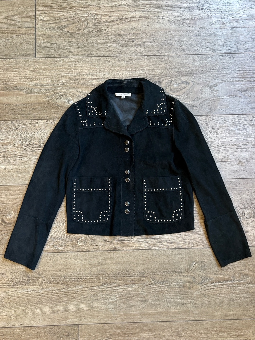 Rebecca Minkoff Black Studded Suede Western Vibes Shirt Jacket w Cowboy Buttons